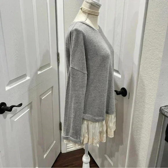 Altar’d State gray waffle knit pullover with lace trim waistline - Picture 6 of 7